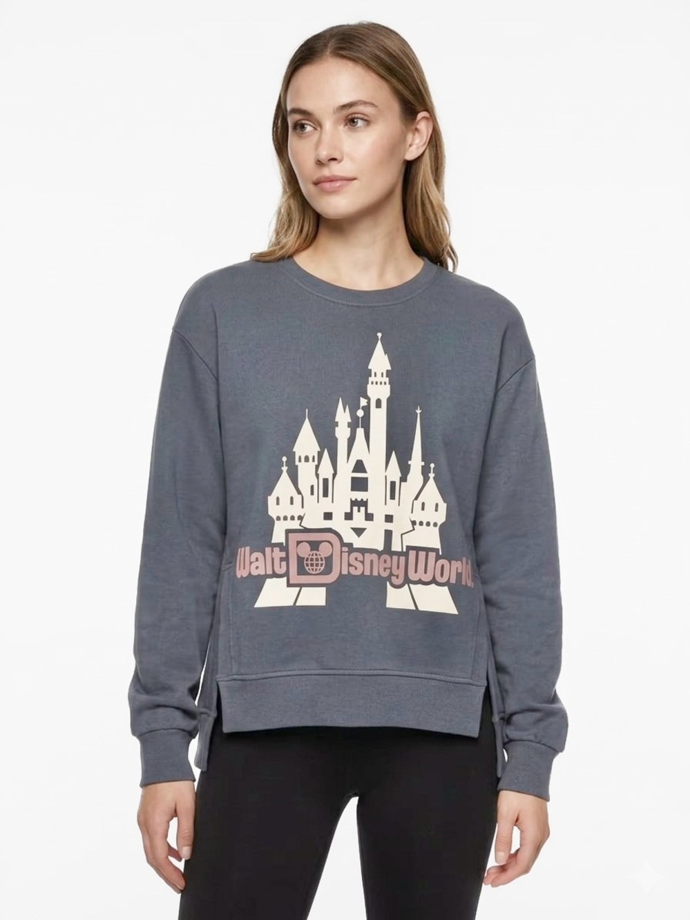 Disney Slate Gray Castle Crewneck Lightweight Sweatshirt with Split Hem